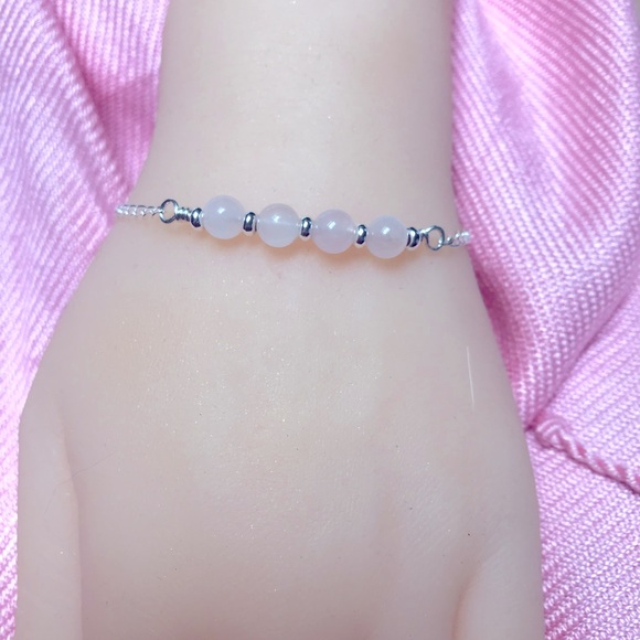 Rose Quartz Sterling Silver Bracelet- Beaded Bar Bracelet - Picture 5 of 7